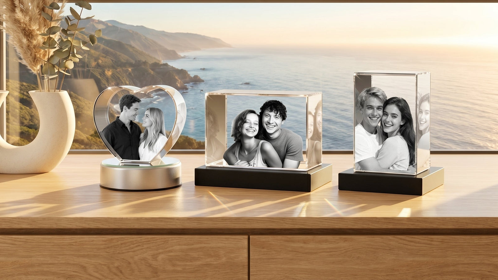 A personalized 3D crystal photo displayed in a bright, warm California living room