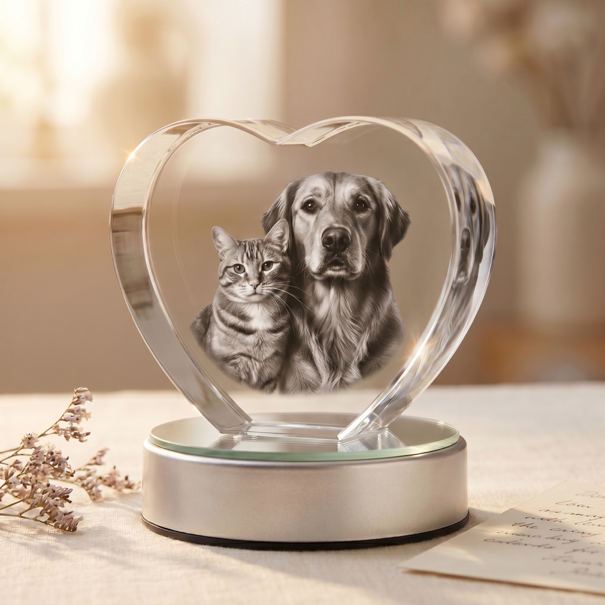 A beloved dog's photo gently engraved inside a heart-shaped crystal keepsake